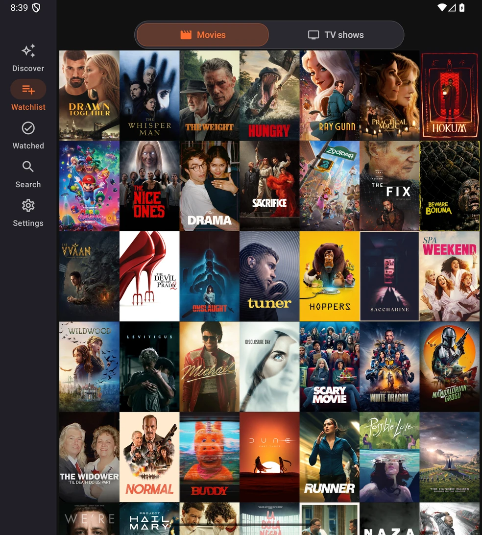 Full native TallyTV Android watchlist in a foldable-sized layout: seven filled poster columns, left navigation, status bar and gesture bar