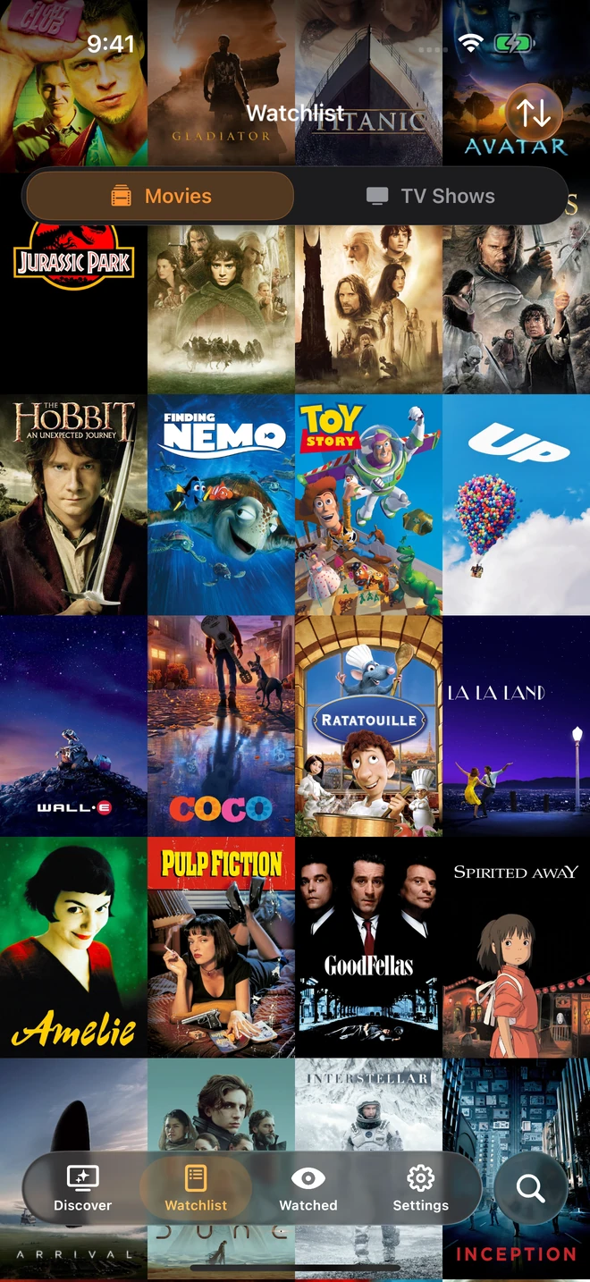Full native TallyTV iOS watchlist: four poster columns, Movies and TV Shows controls, status bar and bottom navigation